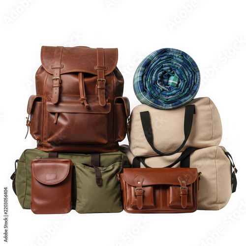 Assorted backpacks and hiking gear with a hat isolated on transparent background