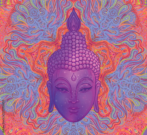 Acid Lord Buddha, ornate mandala round pattern mushroom illustration. Esoteric vintage vector illustration. Indian, Buddhism, spiritual art. Hippie tattoo, spirituality, rave party poster.