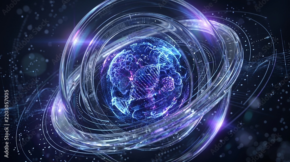 Fototapeta premium Futuristic Digital DNA Helix Inside a Glowing Abstract Orbital Sphere Representing Advanced Biotechnology and Genetic Science Research