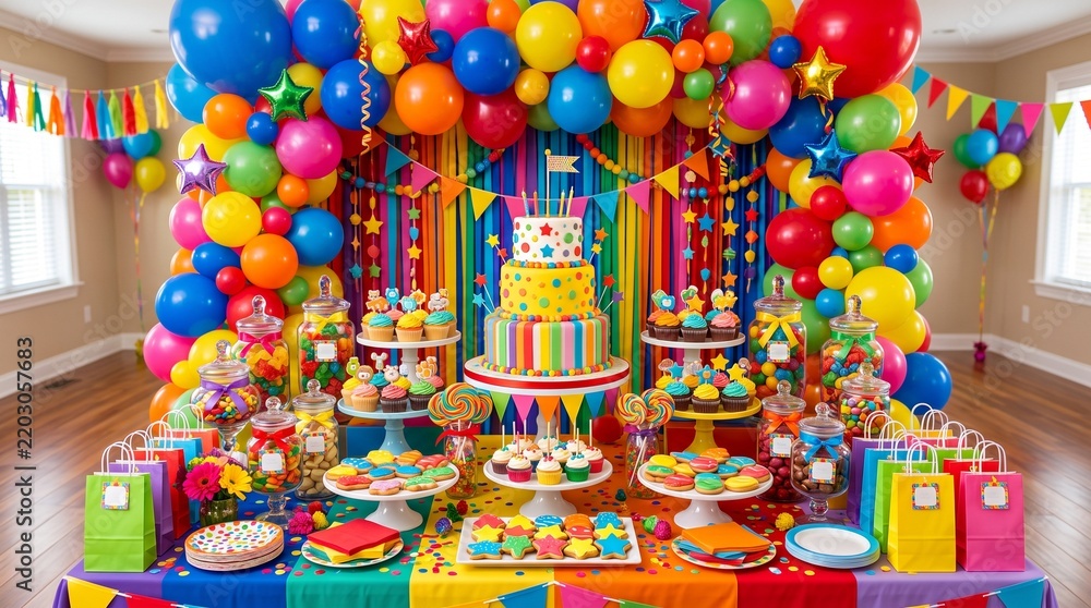 Fototapeta premium Colorful balloons at a traditional children's birthday party, vibrant decor and festive display of party favors, concept of a colorful festive celebration