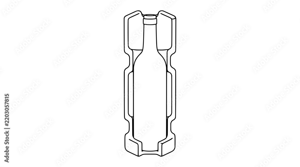 Obraz premium Minimalist outline illustration of a wine bottle inside a molded protective carrier with contoured side cutouts, narrow neck and rounded shoulders drawn with thin black lines in upright centered view