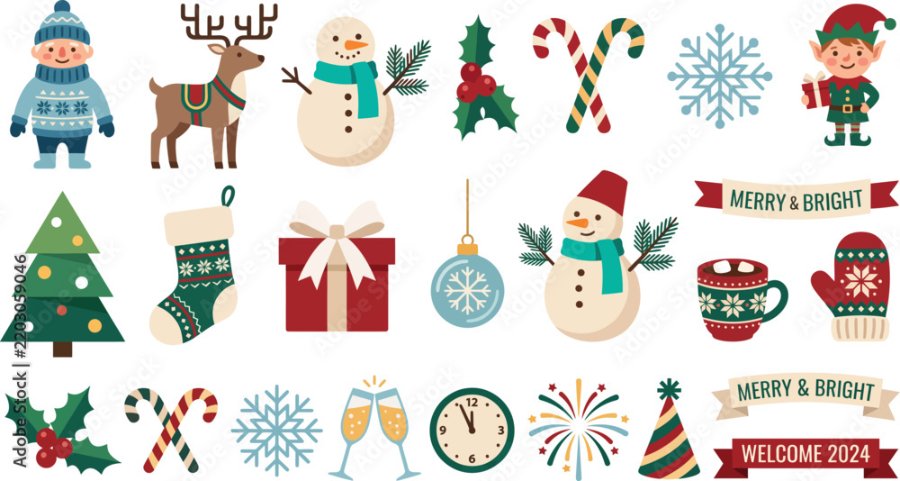Fototapeta premium Cute flat vector Christmas and New Year holiday icon set with characters and festive elements