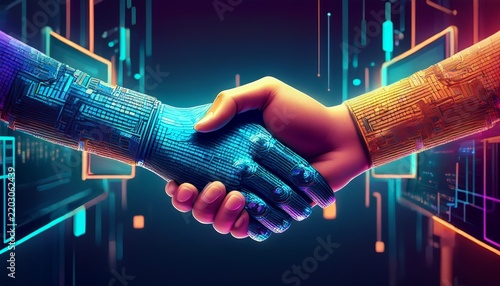 pixelated hands reaching out from screens to shake in a virtual handshake symbolizing online collaboration and connection concept of virtual partnerships generative ai