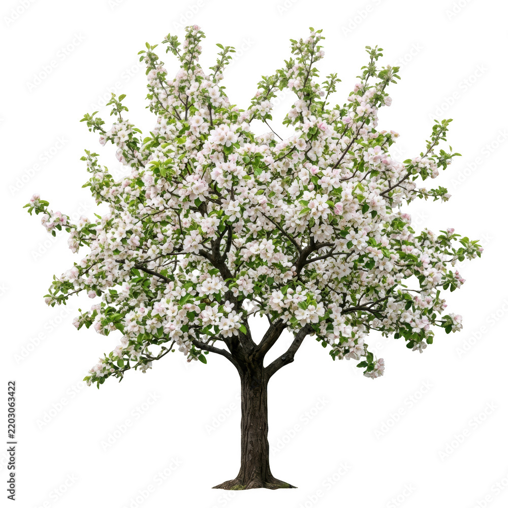 Obraz premium A blooming apple tree, isolated on transparent background, with delicate white flowers and green leaves