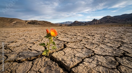 Resilience concept, lone flower in cracked desert earth, vivid, no text no people
