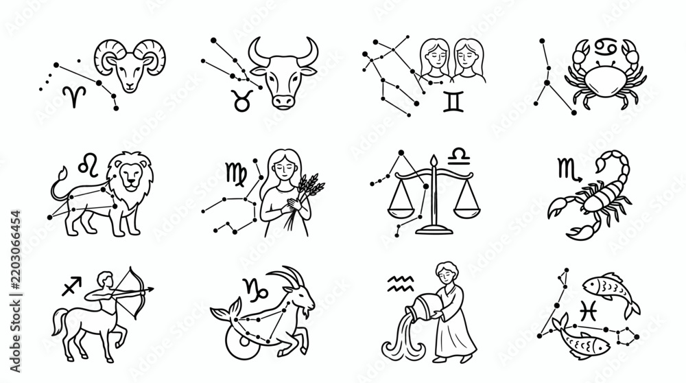 Obraz premium Complete Set of Twelve Zodiac Astrology Constellation and Symbol Icons