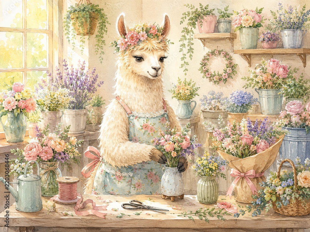 Fototapeta premium Llama Florist Arranging Flower Bouquets in Shop Watercolor Illustration