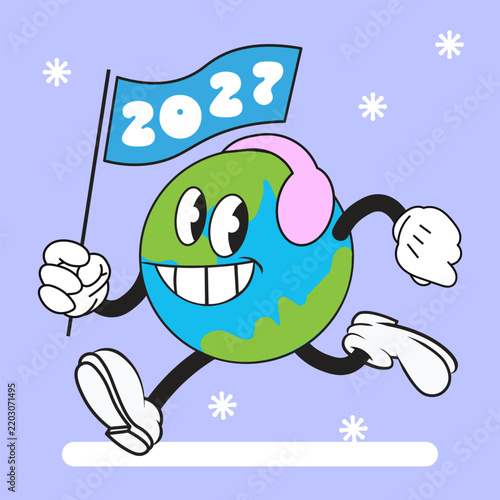 2027 New Year Earth Mascot with Flag – Cute Cartoon Character Celebrating New Year