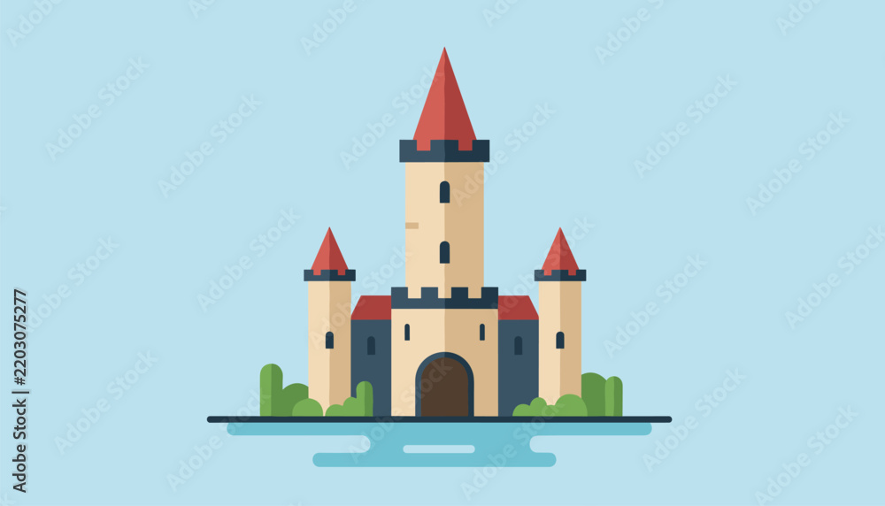 Fototapeta premium Medieval fairytale castle with three stone towers and red pointed roofs stands on a small island surrounded by blue water.