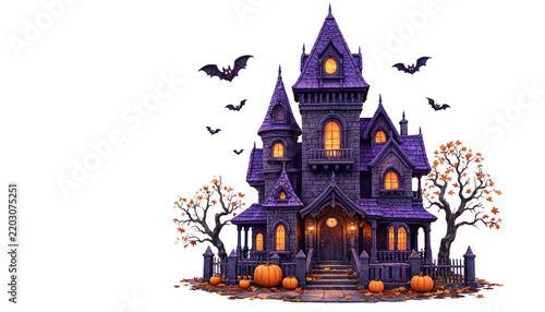 Cute cartoon haunted house with bats glowing windows and pumpkins for spooky Halloween celebration concept