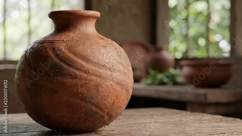 Traditional terracotta clay pot on a wooden table   