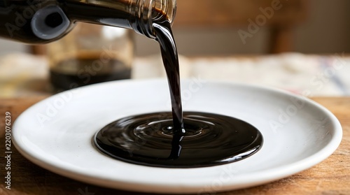 Aged balsamic vinegar macro pour, thick dark stream, white plate, no text no people