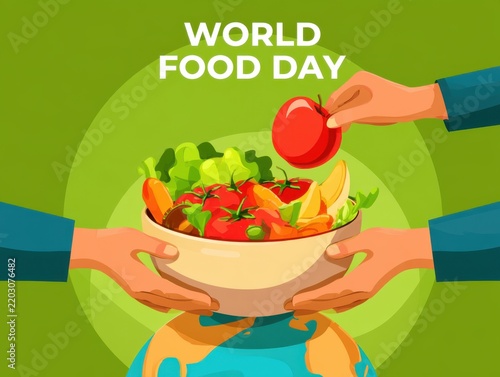 Person adding apple to colorful salad bowl for world food day celebration