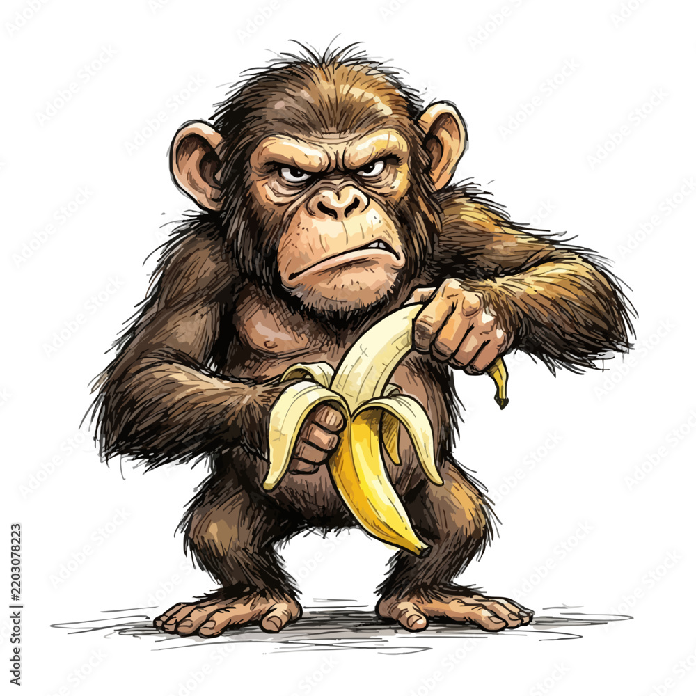 Obraz premium Grumpy chimpanzee holding a banana in a stylized sketch illustration with chimpanzee wildlife illustration character primates
