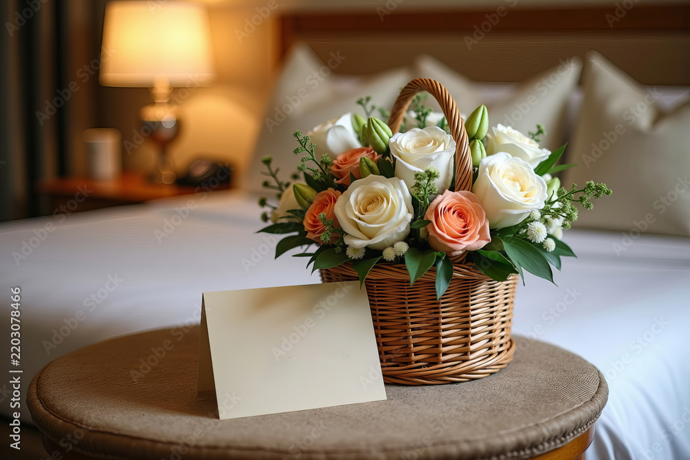 Obraz premium Design an Inviting Welcome Amenities Basket on a Plush Hotel Room Table, Enhanced by Fresh Flowers and Elegant Note Cards for Guest Relaxation
