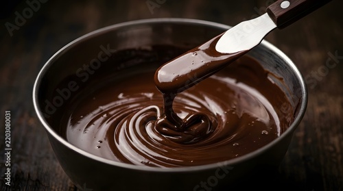 Chocolate tempering macro, glossy liquid chocolate, dark background, no text no people