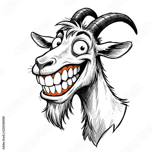 Close-up head shot of a goat with a large toothy smile wide grin funny animal expressive goat teeth smile farm animal