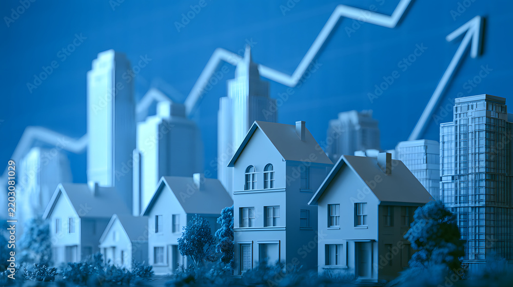 Obraz premium Miniature houses and skyscrapers set against a blue background with a rising chart arrow representing business growth, financial success, and real estate market investment concept in a clean 3D render