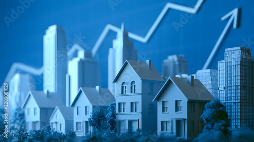 Miniature houses and skyscrapers set against a blue background with a rising chart arrow representing business growth, financial success, and real estate market investment concept in a clean 3D render