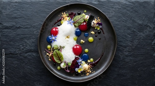 Molecular gastronomy concept, foam and gel art on plate, aerial, dark surface, no text no people