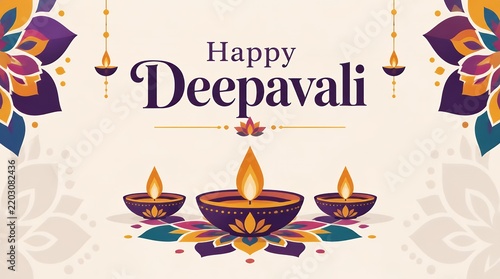 Colorful Deepavali Greeting Card with Traditional Oil Lamps and Floral Mandalas