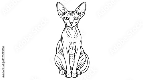 Фотография Black outline vector icon of a sitting hairless sphynx cat with large ears, wrin