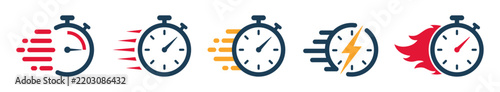 Fast stopwatch icon set, Speed and quick timing symbols with lightning and flame effects for fast delivery, Vector illustration