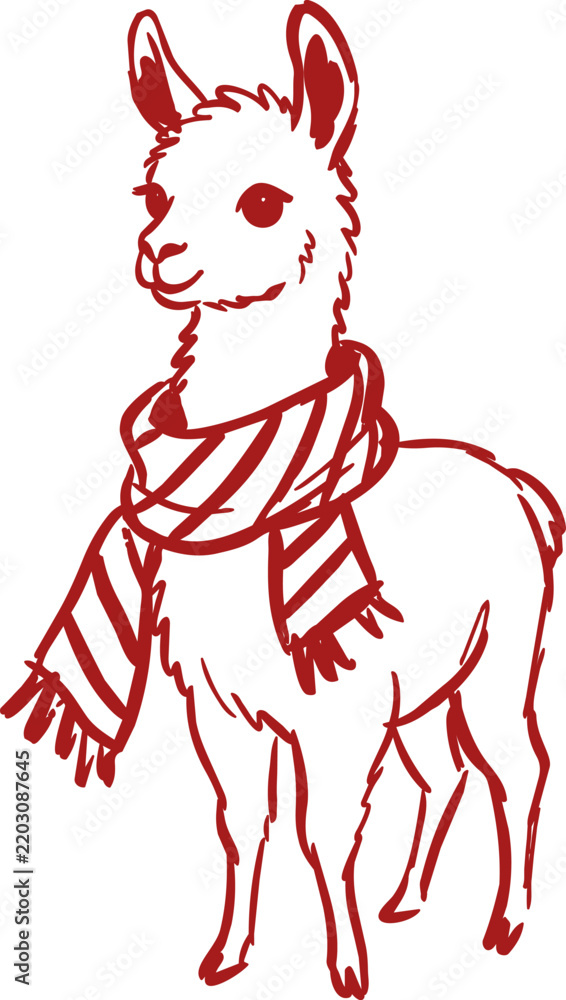 Obraz premium Naive red line alpaca illustration wearing a striped scarf