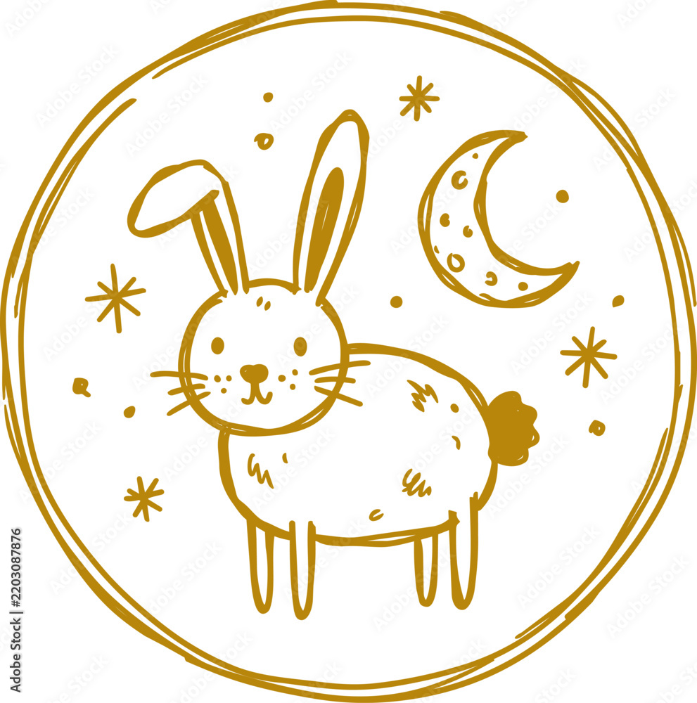 Obraz premium Naive hand-drawn rabbit with moon and stars