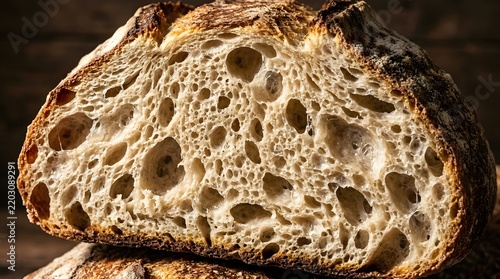 Sourdough bread cross section macro, bubble structure, dramatic light, no text no people