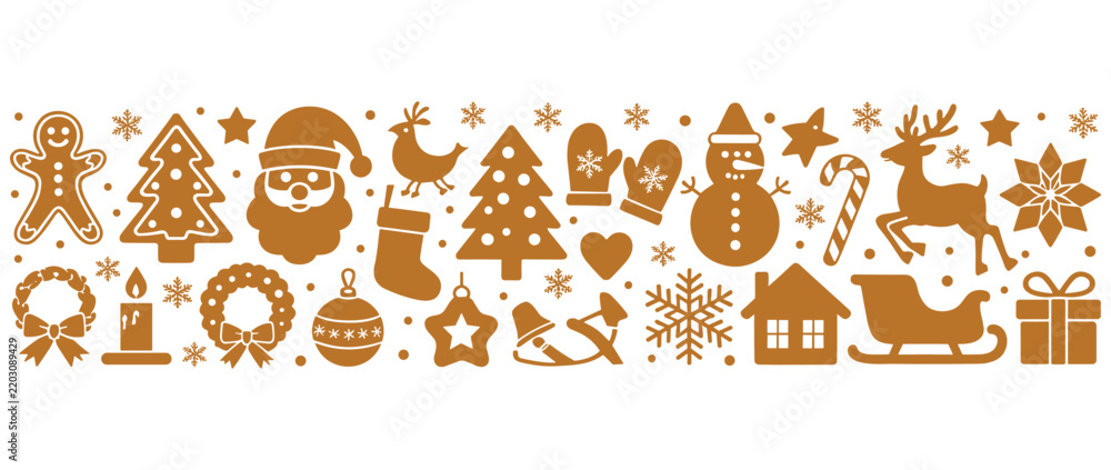 Obraz premium Set of festive christmas holiday icons and elements in golden color style on white background