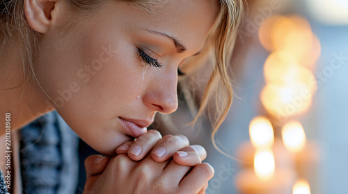 Close-up portrait of a woman praying with tears in her eyes beside glowing candles, faith, hope, emotional spiritual moment, prayer, Christian devotion, authentic human