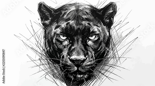 Intense black panther head illustration created with sketch lines and crosshatching predator portrait illustration dangerous
