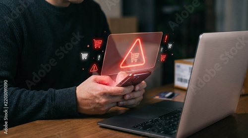 Online Shopping Fraud Alert With Shopping Cart And Warning Icons On Smartphone