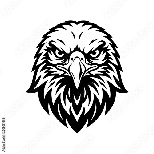 Front view of an angry eagle head mascot illustration with predator silhouette illustration strength heraldic minimalist