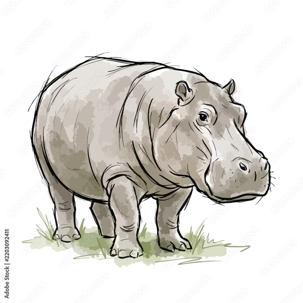Fototapeta premium Hand drawn illustration of a hippopotamus standing on grass with hippopotamus wildlife illustration artistic standing