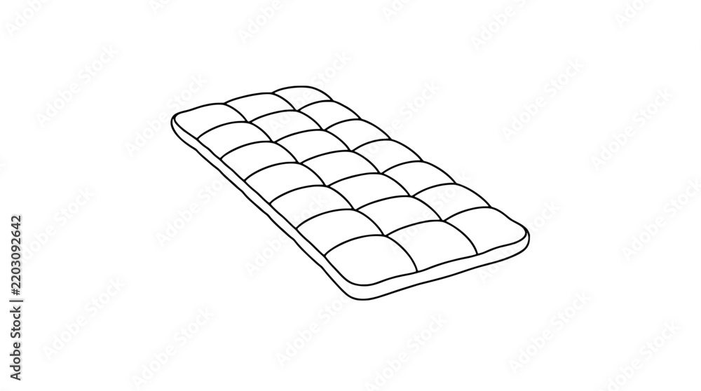Naklejka premium Black outline vector icon of a quilted mattress pad viewed in isometric perspective with puffy tufted squares and thick outer edge rendered in thin clean lines emphasizing soft cushioned volume