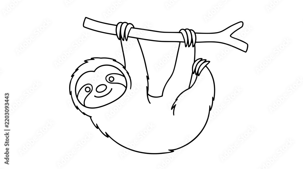 Obraz premium Cute line art illustration of a smiling sloth hanging beneath a forked branch with arms and curved claws plus masked eyes drawn with thin black lines in playful composition radiating gentle joy
