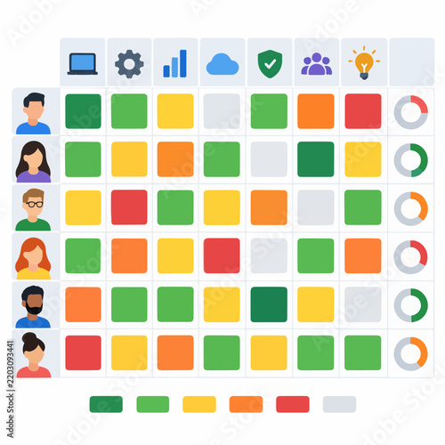Workforce skills matrix dashboard showing employees by role and proficiency levels using colored grid cells progress rings and competency indicators for training planning and gap analysis