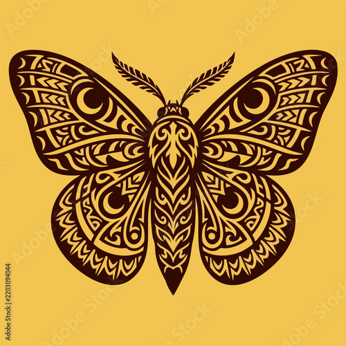 Intricate butterfly illustration with elaborate tribal tattoo patterns in dark brown butterfly ornament detailed filigree