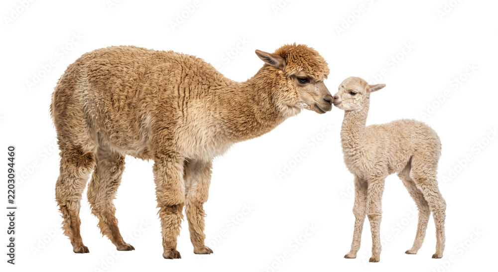 Fototapeta premium A gentle mother alpaca nuzzling her small cria against a clean white studio background