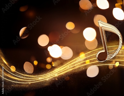 music note on a black background abstract background blurry lights and bokeh with gold musical note concert music party and singing event