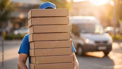 Delivery driver carrying a large stack of cardboard boxes