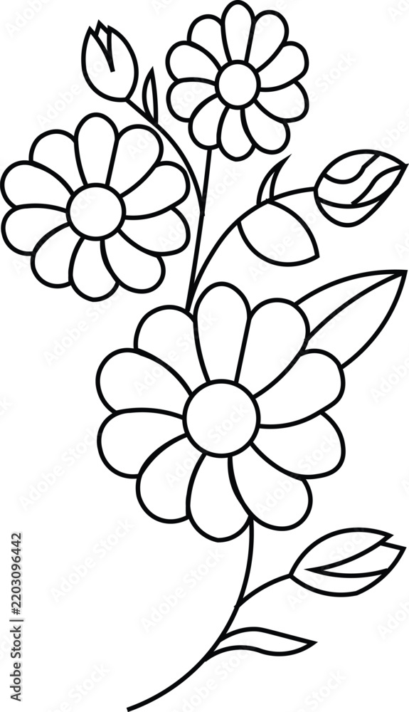Fototapeta premium Floral arrangement of daisy like blossoms is a black and white vector illustration daisies botanical flowerbed petals stem leaves outline graphic design artwork monochrome blackandwhite
