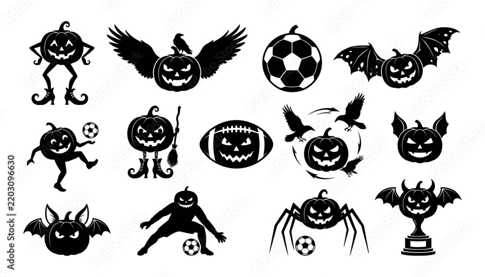 Obraz premium Halloween Sports Pumpkin Silhouette Collection Spooky Jack O Lantern Characters Vector Set.
