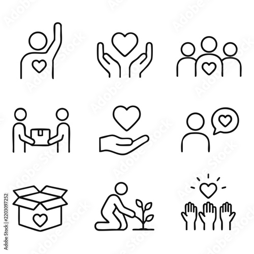 Volunteering icon set. Minimalist icon set on a white background.