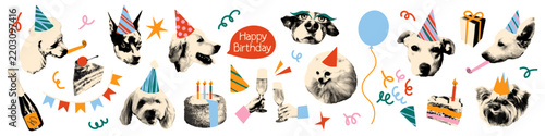 Happy birthday collage cut outs set with funny dogs Playful stickers with halftone texture and colorful doodles. Dog heads wearing party hats, cake, balloon, gift box, champagne glasses Vector and png