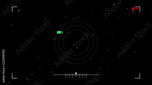 Digital camera view tracking starfield motion with heads up display interface for space mission.