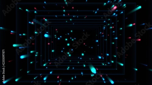 Neon particle light streaks traveling through rectangular portal glowing futuristic cosmic tunnel.