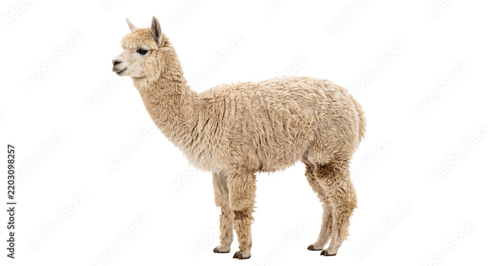 Fototapeta premium Full body side view of a fluffy beige alpaca standing isolated against a clean white background